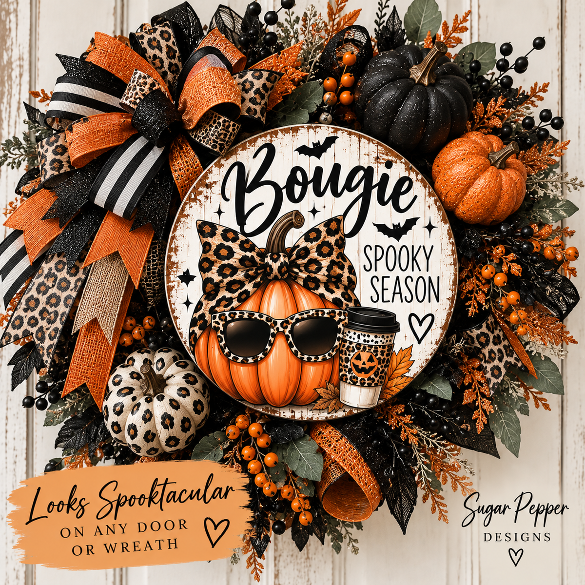 Bougie Spooky Season Halloween Wreath Sign | Leopard Pumpkin Aluminum Sign