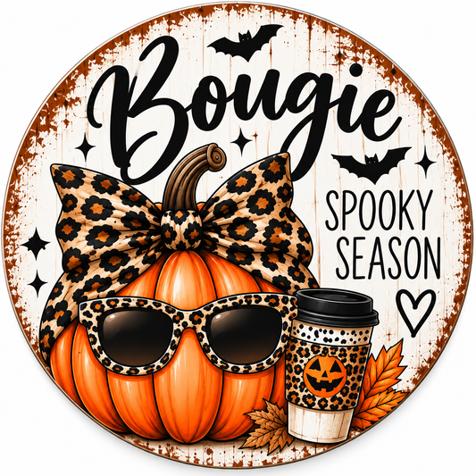 Bougie Spooky Season Halloween Wreath Sign | Leopard Pumpkin Aluminum Sign
