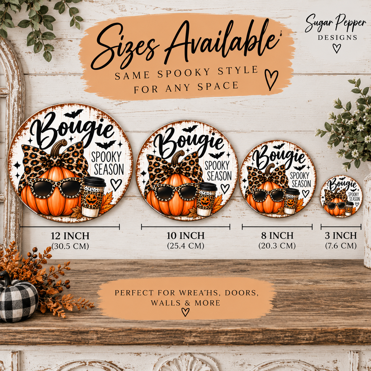 Bougie Spooky Season Halloween Wreath Sign | Leopard Pumpkin Aluminum Sign