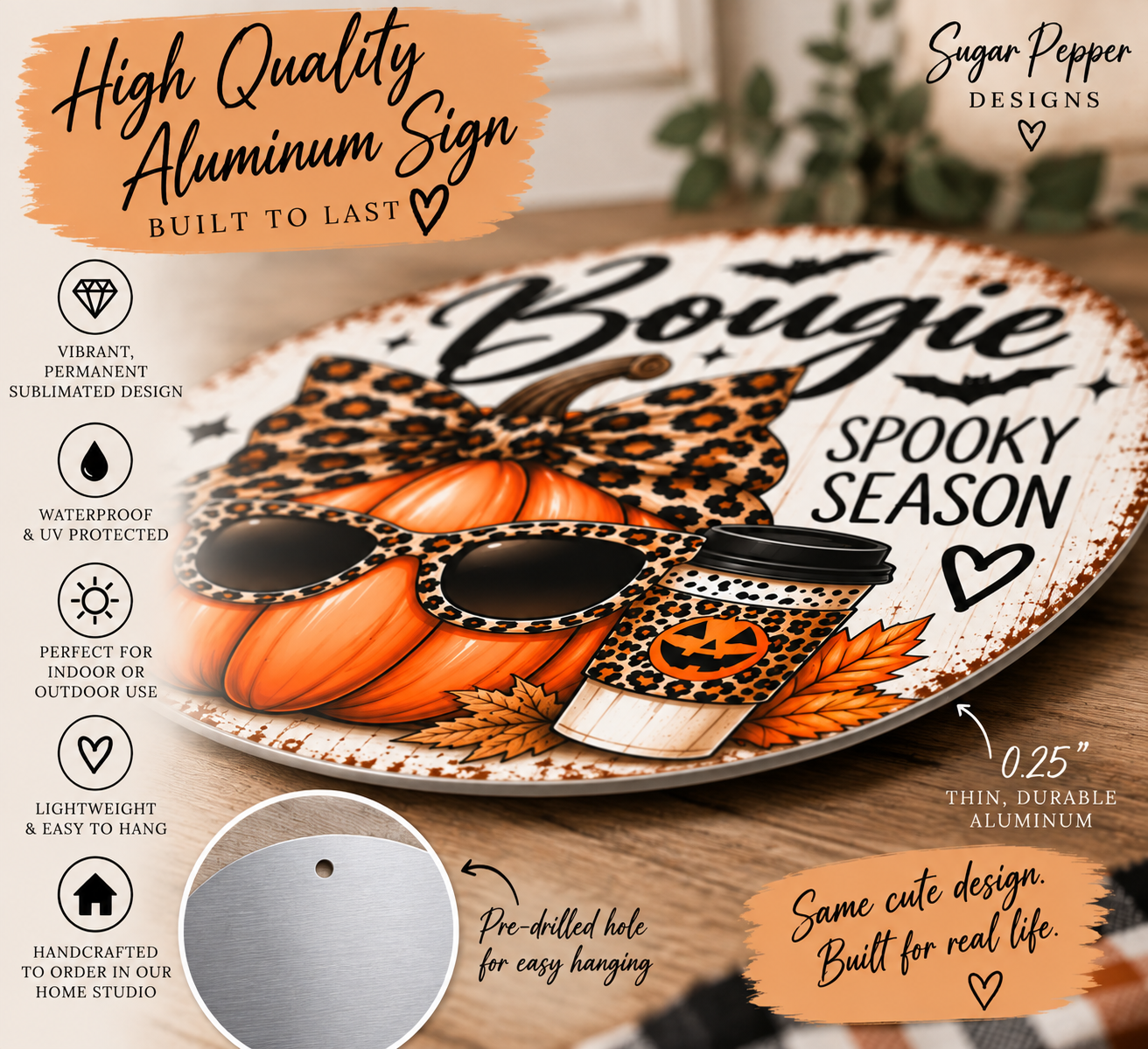 Bougie Spooky Season Halloween Wreath Sign | Leopard Pumpkin Aluminum Sign