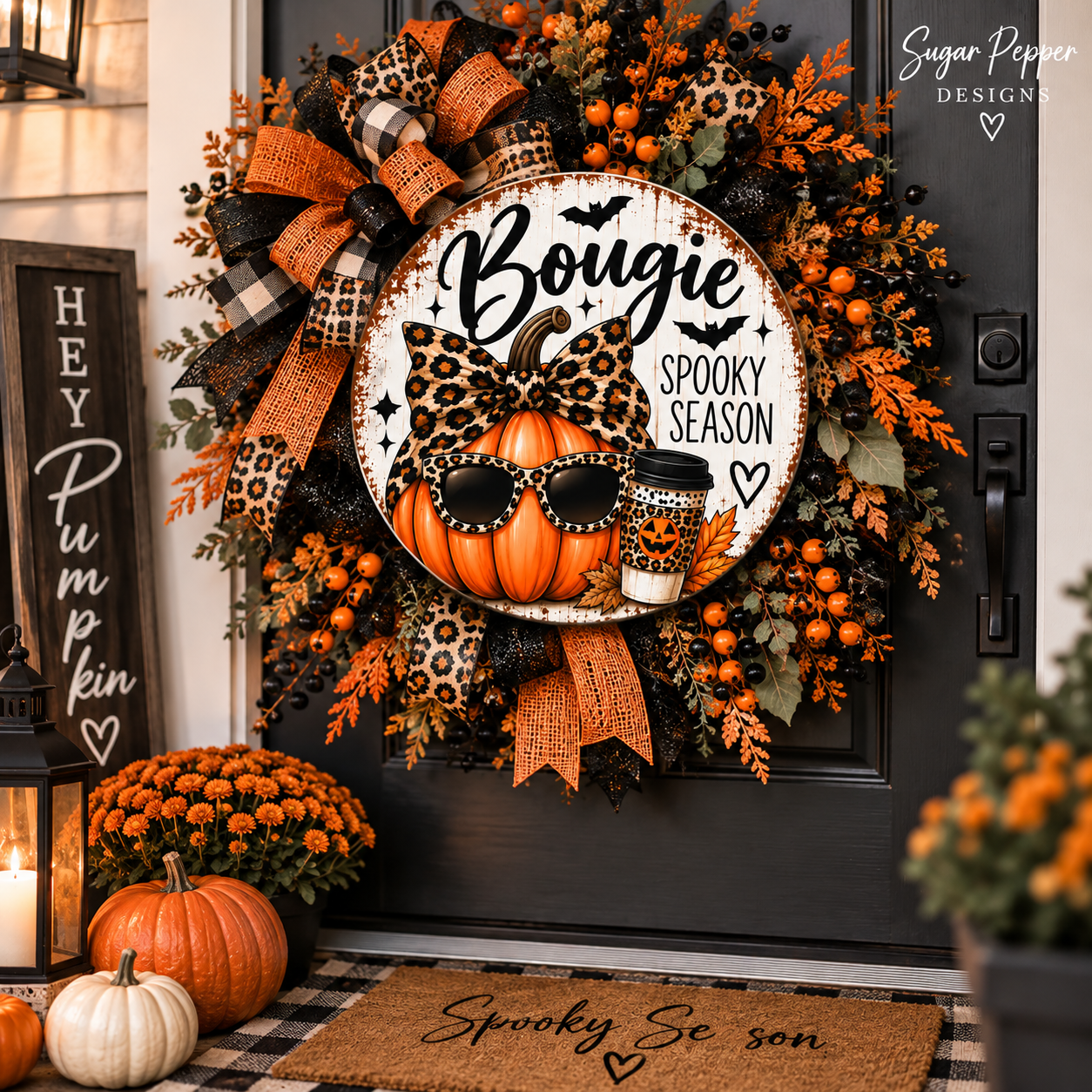 Bougie Spooky Season Halloween Wreath Sign | Leopard Pumpkin Aluminum Sign