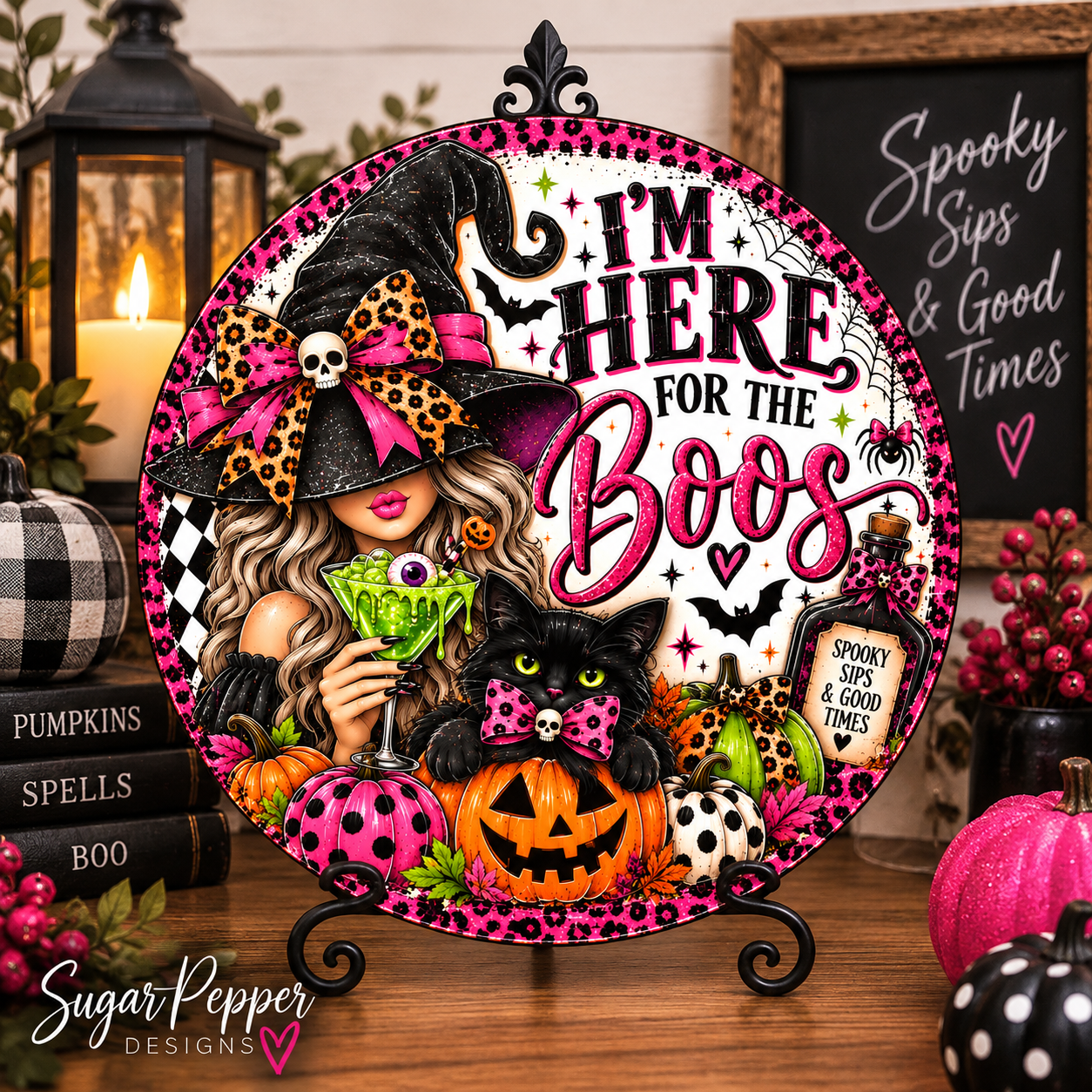I’m Here for the Boos Halloween Aluminum Wreath Sign | Pink Leopard Witch Sign | Spooky Halloween Door Decor