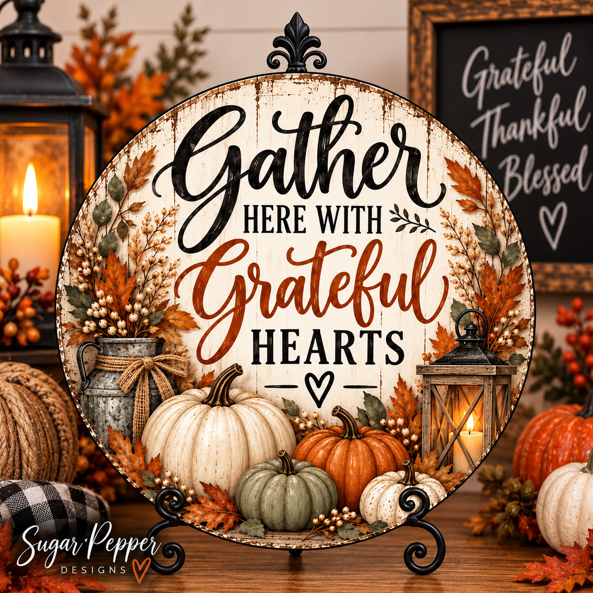 Gather Here With Grateful Hearts Fall Aluminum Wreath Sign 🍂🤎