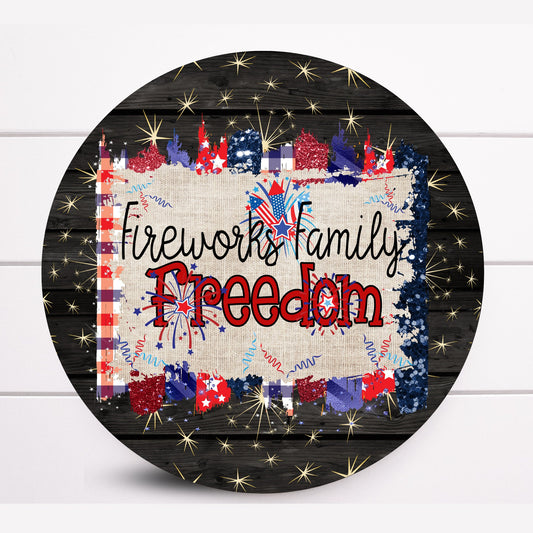 Fireworks Family and Freedom Round Patriotic Wreath Sign, Sugar Pepper Designs