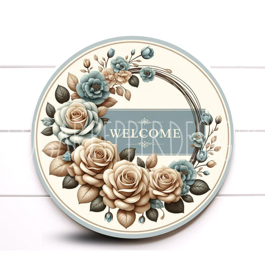 Welcome Pink and Blue Rose Wreath Sign, Aluminum Sign, Round Metal Sign, Sugar Pepper Designs, Sign For Wreath, Door Decor