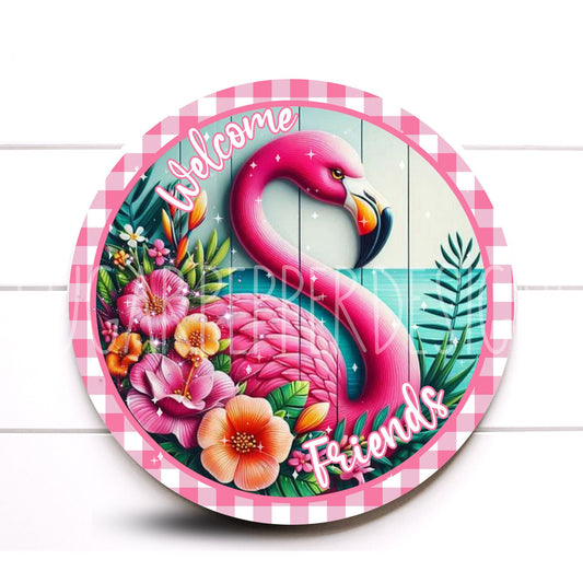 Pink Flamingo Wreath Sign, Tropical Sign, Welcome Friends Flamingo Wreath Sign, Sugar Pepper Designs, Sign For Wreath, Decor, Aluminum Sign