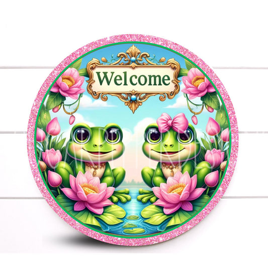 Wreath Sign, Welcome Wreath Sign, Round Frog Wreath Sign, Summer Wreath Sign, Sugar Pepper Designs, Door Decor, Sign For Wreath