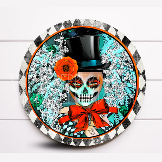 Wreath Sign, Sugar Skull Halloween Sign, Whimsical Skull with Top Hat Round Metal Wreath Sign, Sugar Pepper Designs, Sign For Wreath
