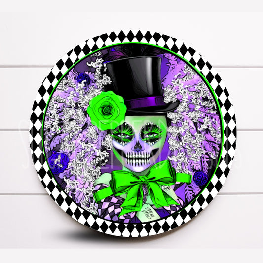 Wreath Sign, Sugar Skull Halloween Sign, Harlequin Skull Top Hat Wreath Sign, Sugar Pepper Designs, Whimsical Wreath Sign, Sign For Wreath