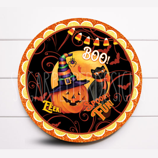 Wreath Sign, Halloween Wreath Sign, Black Cat Wreath Sign, Jack O Lantern Round Metal Wreath Sign, Sugar Pepper Designs, Sign for Wreath