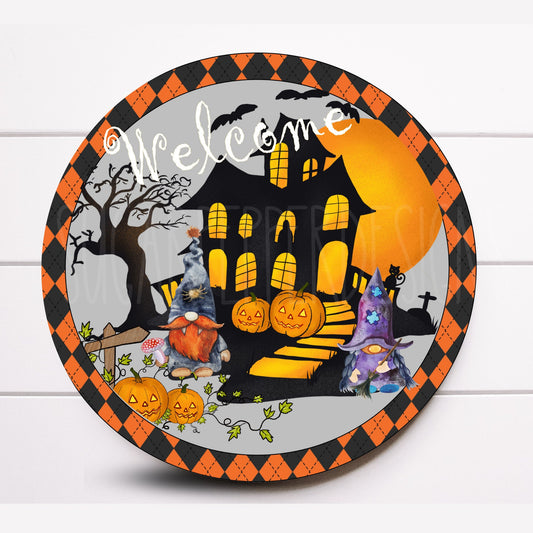 Wreath Sign, Halloween Haunted House Wreath Sign, Haunted House Wreath Sign, Round Metal Wreath Sign, Sugar Pepper Designs, Sign for Wreath