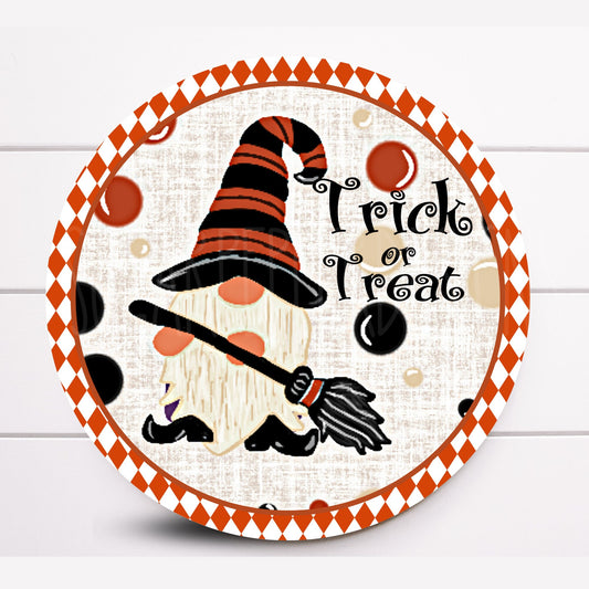 Wreath Sign, Halloween Wreath Sign, Witch Gnome Wreath Sign, Trick or Treat Round Metal Sign, Sugar Pepper Designs, Sign For Wreath