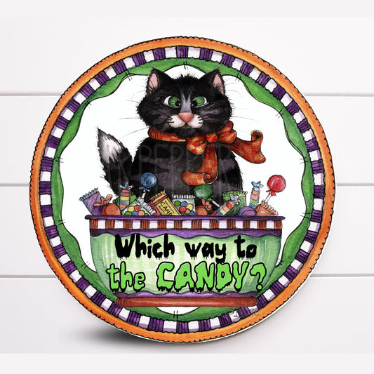 Wreath Sign, Which Way to the Candy Black Cat Round Halloween Wreath Sign, Halloween Signs for Wreath, Signs for Wreath Making