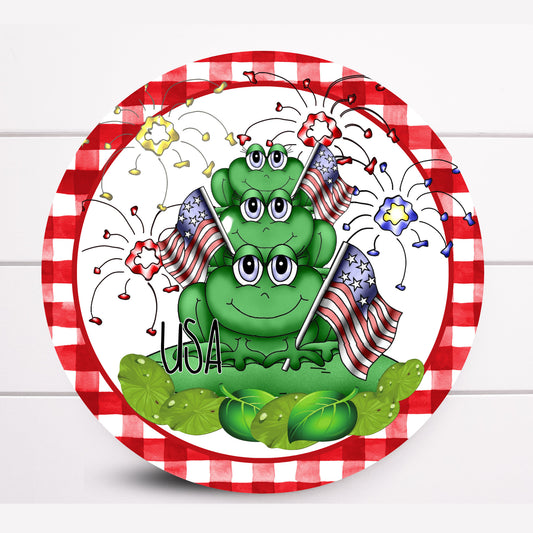 USA Frog Round Patriotic Wreath Sign, 4th of July Wreath Sign, Sugar Pepper Designs, Sign For Wreath, Door Decor, Wreath Enhancements