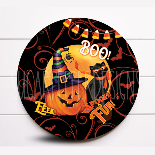 Wreath Sign, Halloween Wreath Sign, Black Cat Wreath Sign, Jack O Lantern Round Metal Wreath Sign, Sugar Pepper Designs, Sign for Wreath