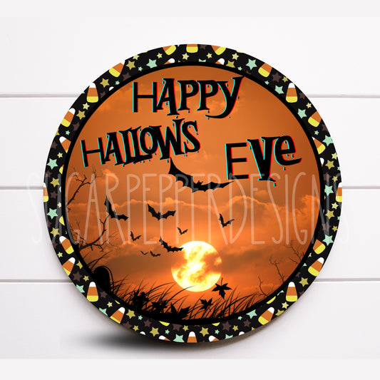 Wreath Sign, Happy Hallows-Eve Halloween Wreath Sign, Bat Wreath Sign, Round Metal Wreath Sign, Sugar Pepper Designs, Sign for Wreath