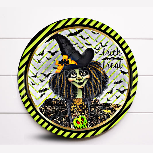 Wreath Sign, Halloween Wreath Sign, Witch Wreath Sign, Round Metal Wreath Sign, Trick or Treat Sign, Sugar Pepper Designs, Sign For Wreath