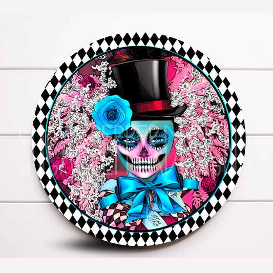 Wreath Sign, Sugar Skull Halloween Sign, Harlequin Skull Top Hat Wreath Sign, Sugar Pepper Designs, Whimsical Wreath Sign, Sign For Wreath