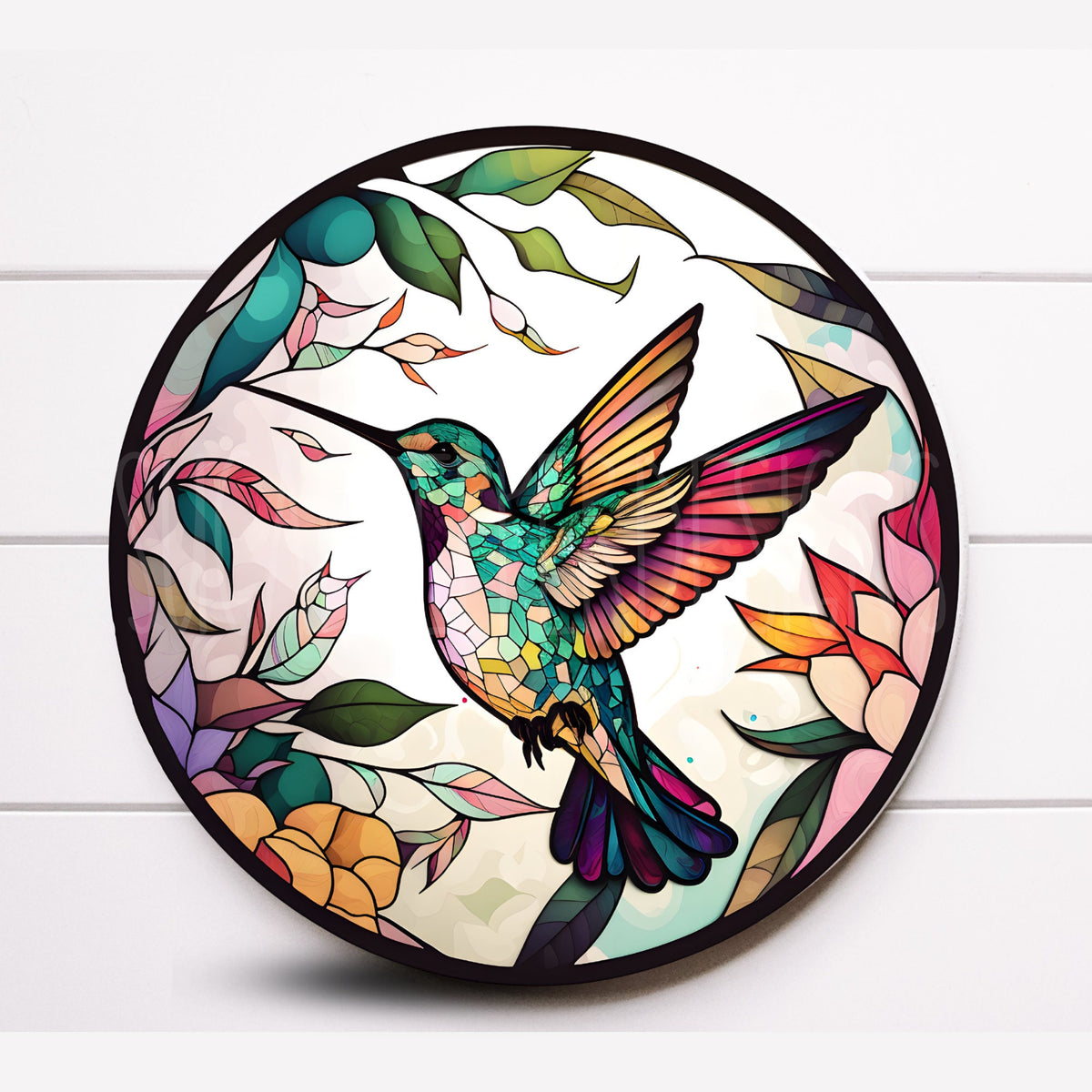 Round Faux Stained Glass Hummingbird Metal Wreath Sign With Flowers, Sugar Pepper Designs, Signs for Wreaths, Door Decor, Window Decor