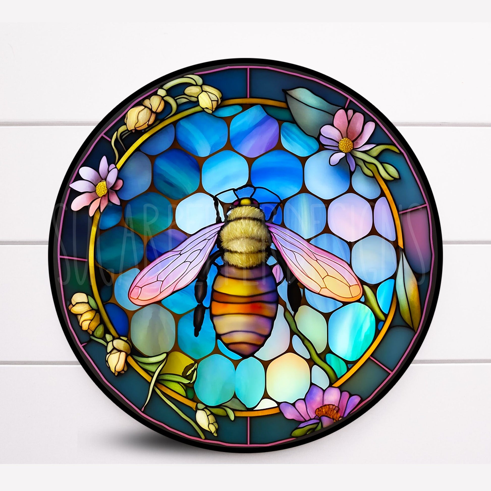 Round Bee Faux Stained Glass Wreath Sign, Faux Stained Glass Wreath Sign, Sugar Pepper Designs, Door Decor, Spring Summer Sign