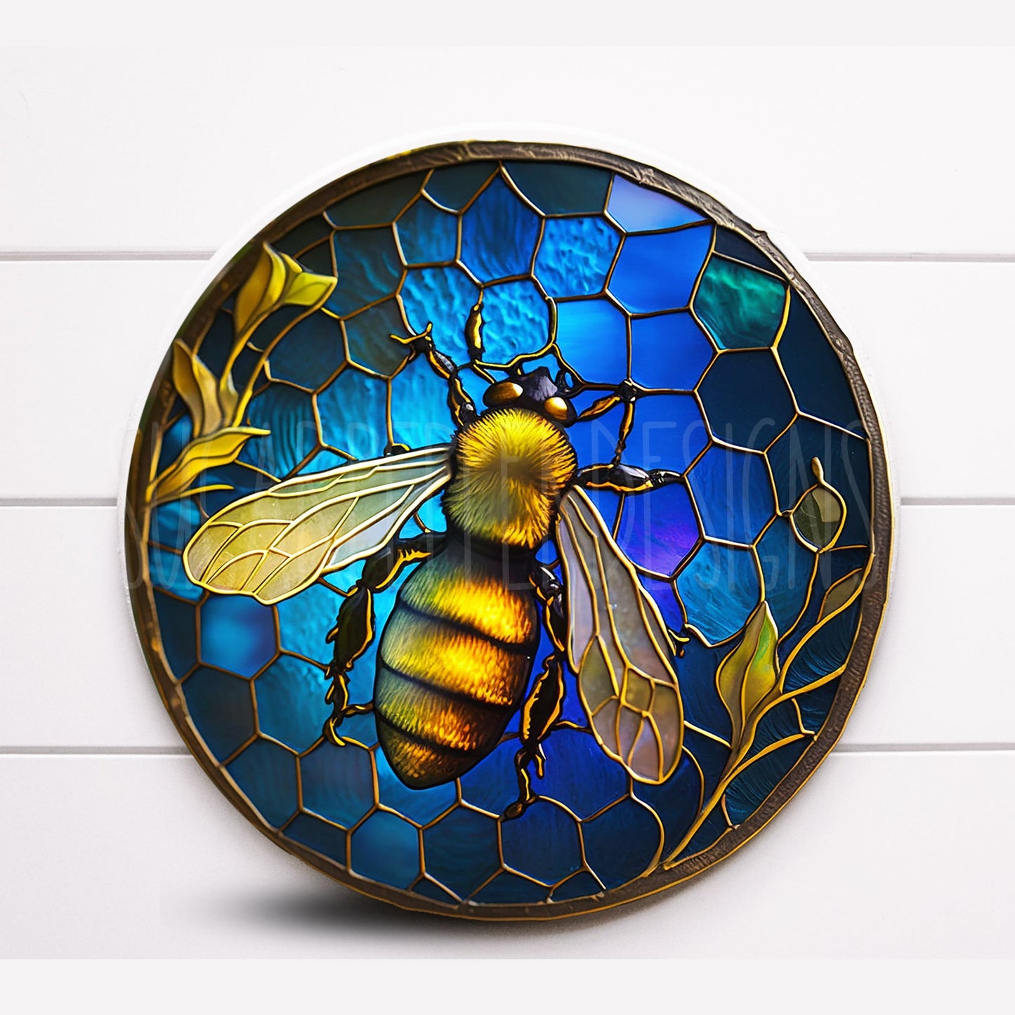 Round Bee Faux Stained Glass Wreath Sign, Faux Stained Glass Wreath Sign, Sugar Pepper Designs, Door Decor, Spring Summer Sign