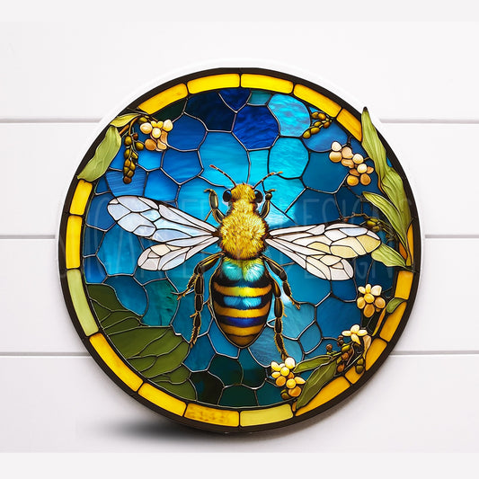 Round Bee Stained Glass Wreath Sign, Faux Stained Glass Wreath Sign, Sugar Pepper Designs, Door Decor, Spring Summer Sign