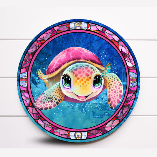 Round Faux Stained Glass Pink Sea Turtle Wreath Sign, Faux Stained Glass Wreath Sign, Sugar Pepper Designs, Door Decor, Coastal Sign
