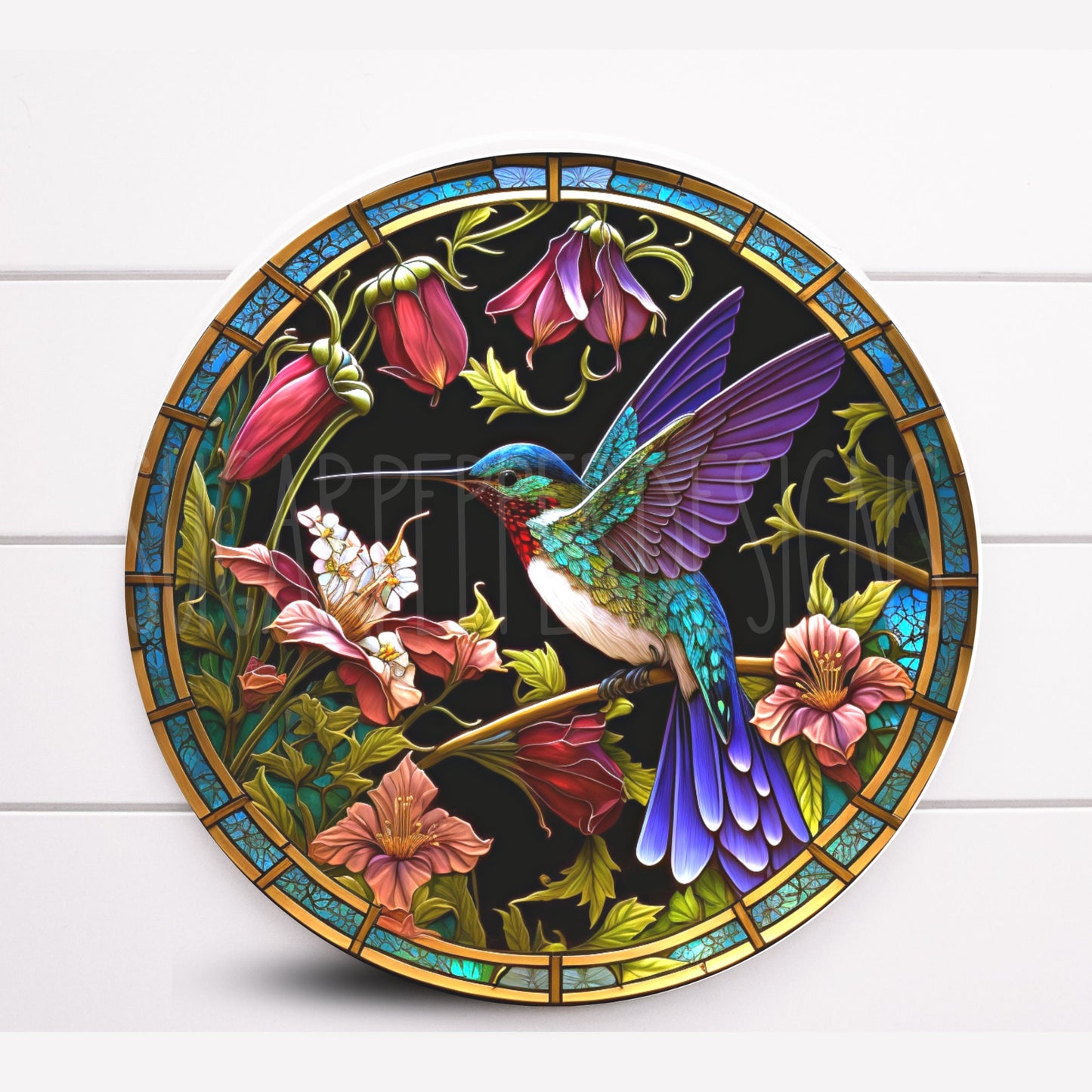 Faux Stained Glass Round Hummingbird Wreath Sign, Faux Stained Glass Decor, Hummingbird Home Decor, Sugar Pepper Design, Sign For Wreath