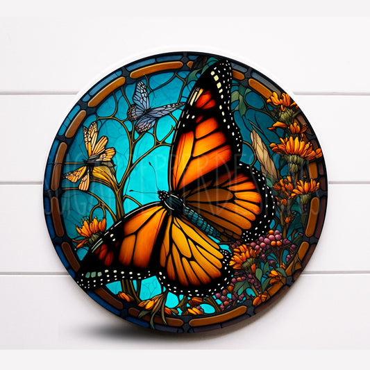 Round Faux Stained Glass Butterfly With Teal Background Wreath Sign, Metal Wreath Sign, Sugar pepper Designs, Sign For Wreath