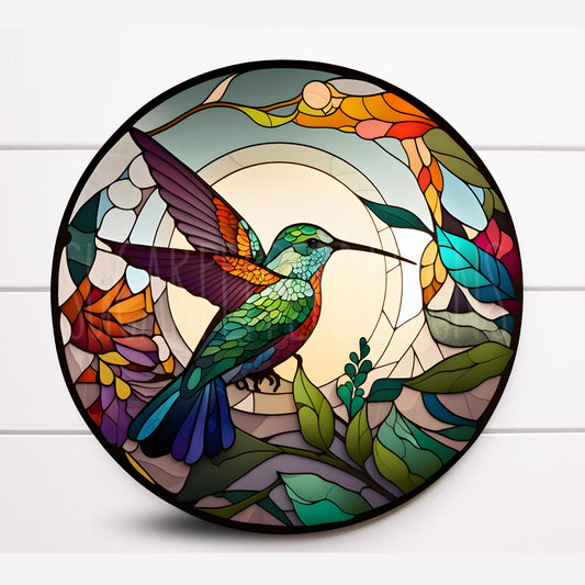 Round Faux Stained Glass Hummingbird Metal Wreath Sign With Flowers, Sugar Pepper Designs, Signs for Wreaths, Door Decor, Window Decor