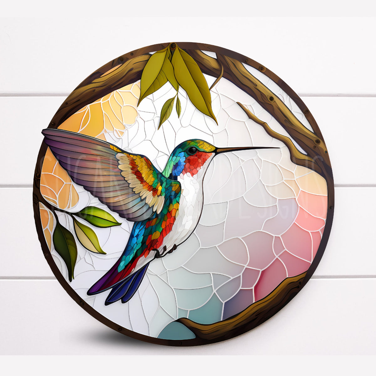 Round Faux Stained Glass Hummingbird Metal Wreath Sign With Flowers, Sugar Pepper Designs, Signs for Wreaths, Door Decor, Window Decor