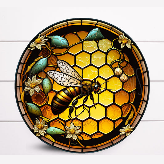 Round Bee Faux Stained Glass Wreath Sign, Faux Stained Glass Wreath Sign, Sugar Pepper Designs, Door Decor, Spring Summer Sign