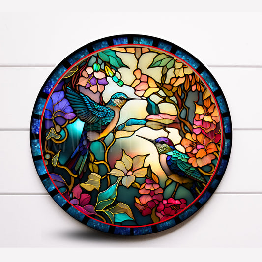Faux Stained Glass Round Hummingbird Wreath Sign, Faux Stained Glass Decor, Hummingbird Home Decor, Sugar Pepper Design, Sign For Wreath