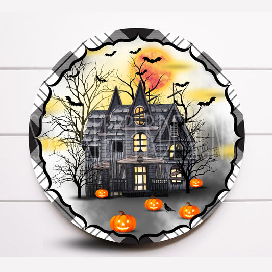 Wreath Sign, Halloween Haunted House Wreath Sign, Haunted House Wreath Sign, Round Metal Wreath Sign, Sugar Pepper Designs, Sign for Wreath