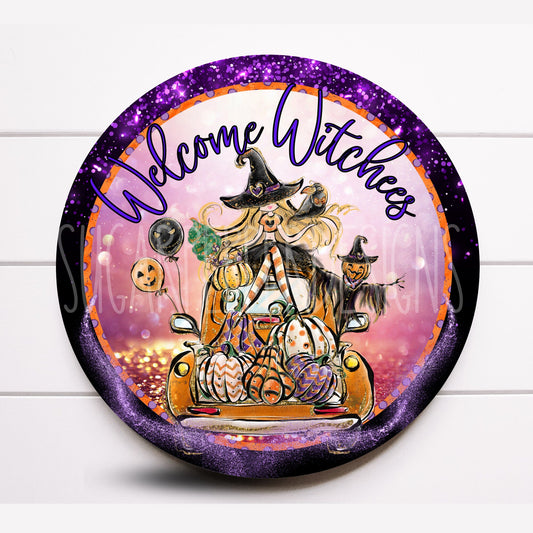 Wreath Sign, Round Halloween Whimsical Welcome Witchees Wreath Sign, Bat Wreath Sign, Sugar Pepper Designs, Door Decor, Sign For Wreath