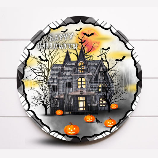 Wreath Sign, Halloween Haunted House Wreath Sign, Haunted House Wreath Sign, Round Metal Wreath Sign, Sugar Pepper Designs, Sign for Wreath