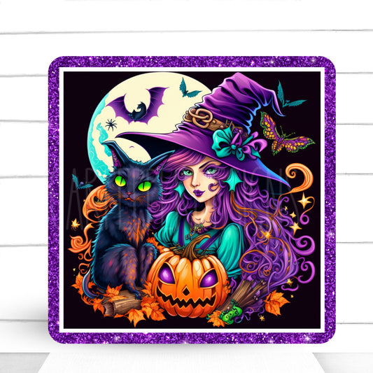 Wreath Sign, Halloween Wreath Sign, Fantasy Witch with Black Cat Metal Wreath Sign, Sugar Pepper Designs, Sign For Wreath, Door Decor