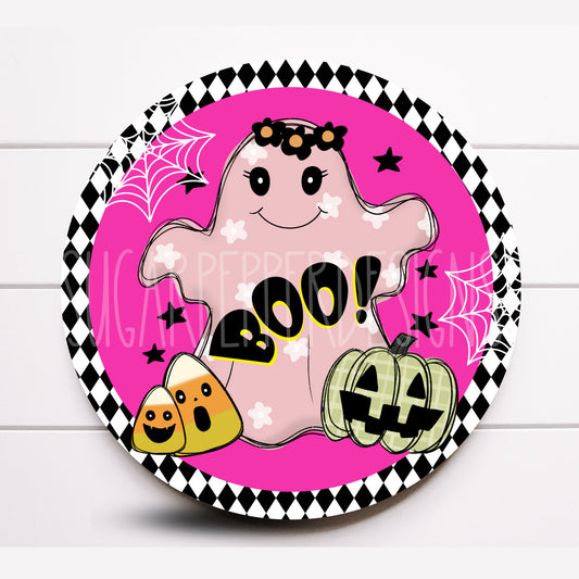 Wreath Sign, Pink Ghost Halloween Wreath Sign, Candy Pink Metal Wreath Sign, Sugar Pepper Designs, Sign For Wreath, Door Decor