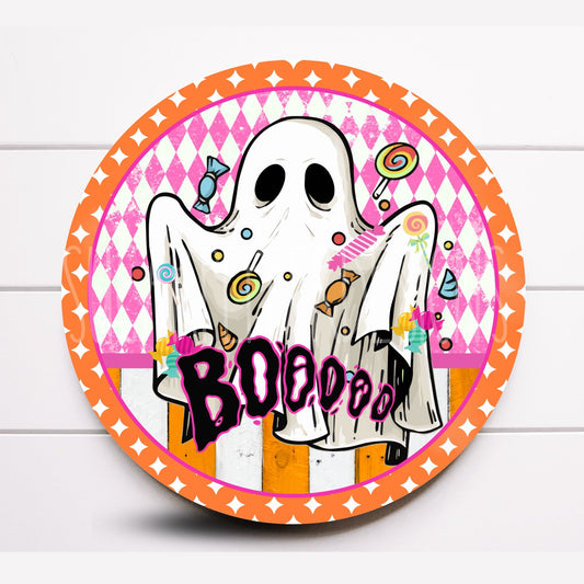 Wreath Sign, Whimsical Boo Ghost Wreath Sign, Pink Harlequin Wreath Sign, Halloween Wreath Sign, Sign For Wreath